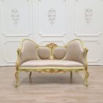 French Style Settee _ 21K Gold Leaf Accent_ Hand Carved Wooden Frame_ Tufted Pale Rose Velvet Uphols